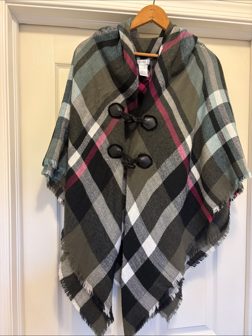 Mixit Plaid Hooded Wrap Poncho in Olive, Black & Pink Accents